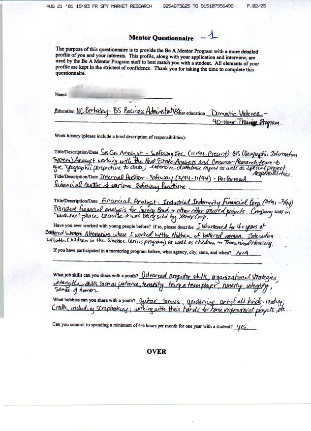 Mentor Questionnaire - Page 1